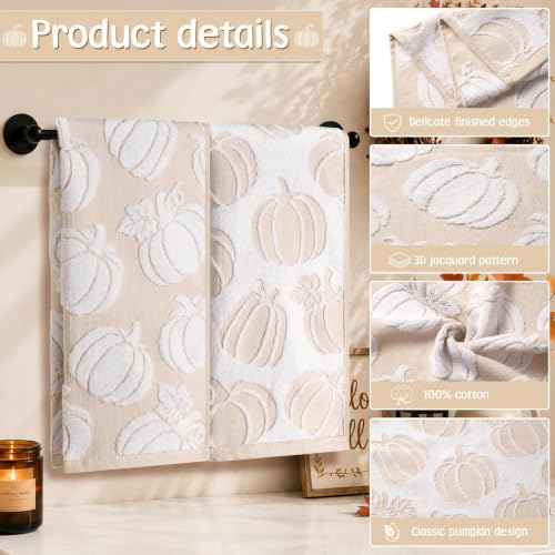 Pumpkin Fall Hand Towels 2 Pack Khaki White 100% Cotton Bathroom Decor