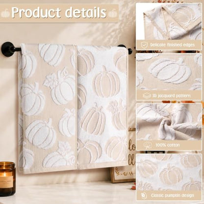 Pumpkin Fall Hand Towels 2 Pack Khaki White 100% Cotton Bathroom Decor