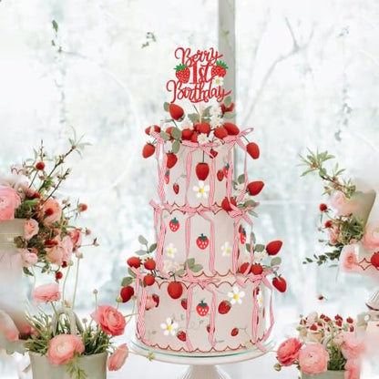41 pcs Strawberry Cake Decorations Set with Bow & Flower Toppers - Design 19