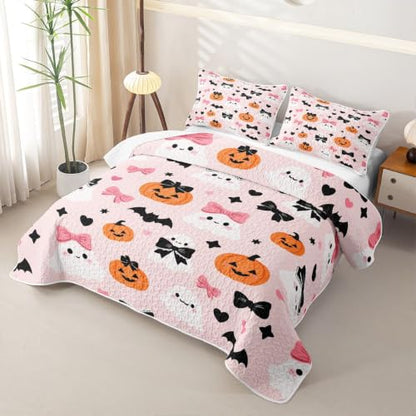 Feelyou Halloween Quilt Set Queen Size Blush Pink Orange - Cozy All-Season Bedding