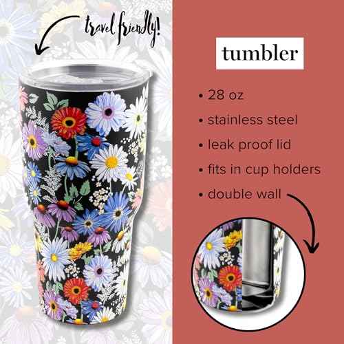 Large Stainless Steel Travel Cup, 28 oz Tumbler with Lid, Double Wall Insulated Tumbler (Daisy Fields Bright)