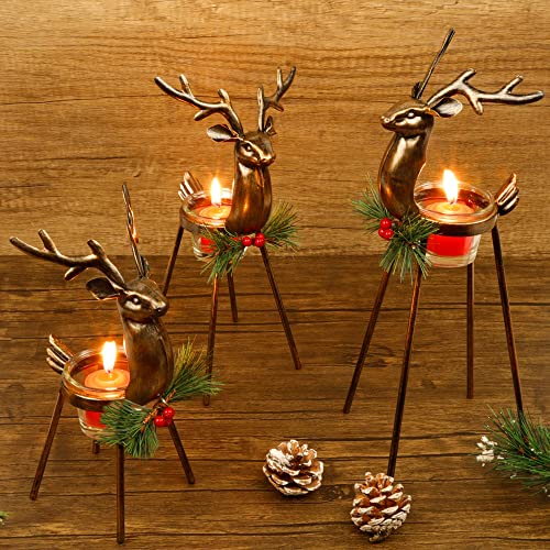 Reindeer Candle Holders Set of 3 - Christmas Tabletop Decor with Glass Votive Cups
