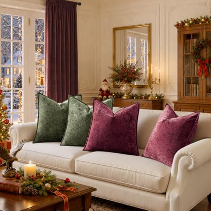 Classic Christmas Velvet Throw Pillow Covers 18x18 Inch Set of 4 - Ice Flower Texture