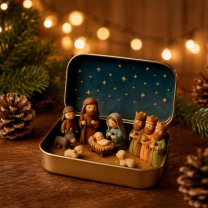 Multicolor Mini Nativity Set in Tin Box Handcrafted Religious Figurines Christmas Decor