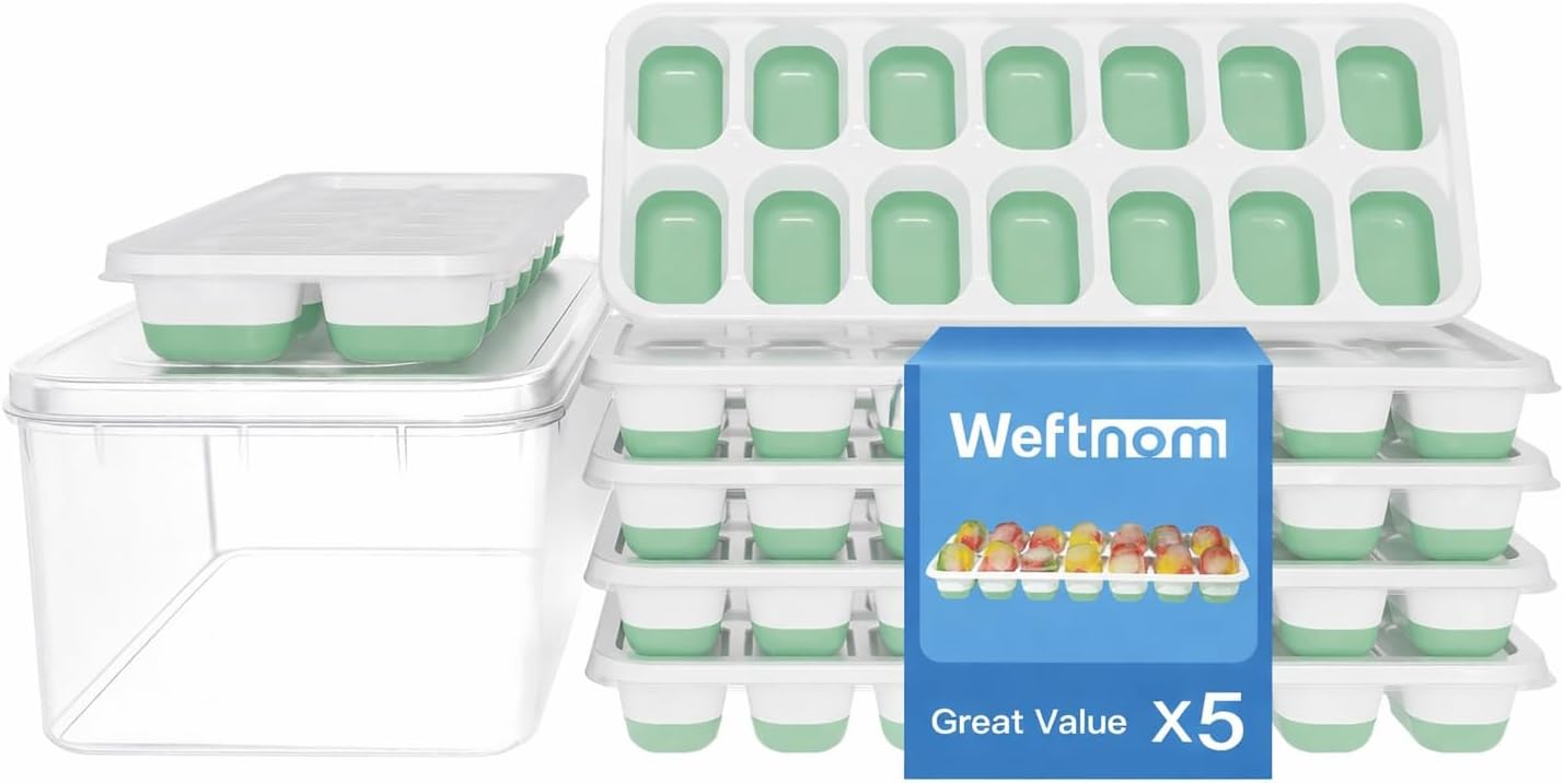Skiennix Ice Cube Tray Set - Easy-Release Silicone Trays with Lid & Bin | BPA-Free, Stackable, 5-Pack