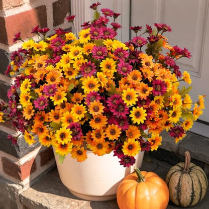 Artificial Fall Mums Flowers - 9 Bundles in Orange, Red, Yellow, Brown - Outdoor Decor