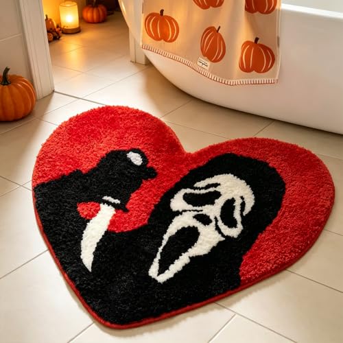 Halloween Ghost Shaped Rug with Plush Tufted Surface and Non-Slip Backing - Irregular Size with Variation Skull Hearts