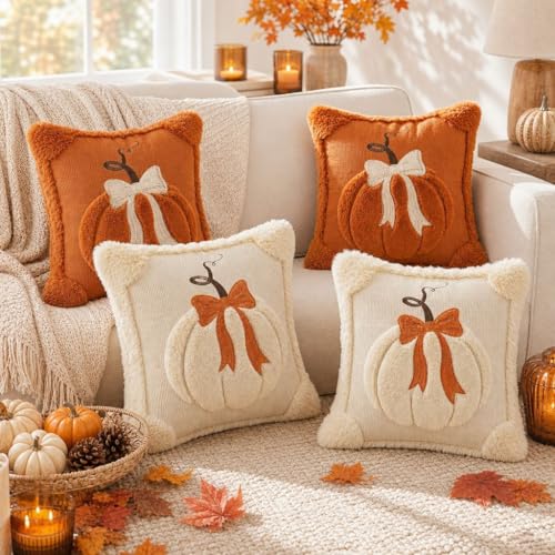 Big Pumpkin White Fall Decorative Pillow Covers 18x18 Set of 2 - Autumn Thanksgiving Halloween Home Decor