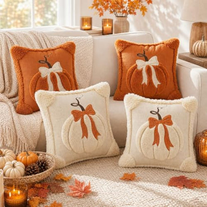 Big Pumpkin White Fall Decorative Pillow Covers 18x18 Set of 2 - Autumn Thanksgiving Halloween Home Decor