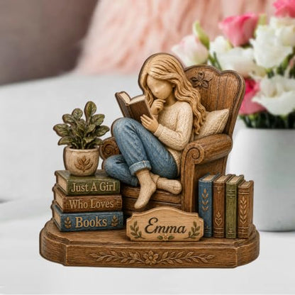 Personalized Girl Who Loves Books Wooden Block - Book Lover Shelf Decor - Book 02