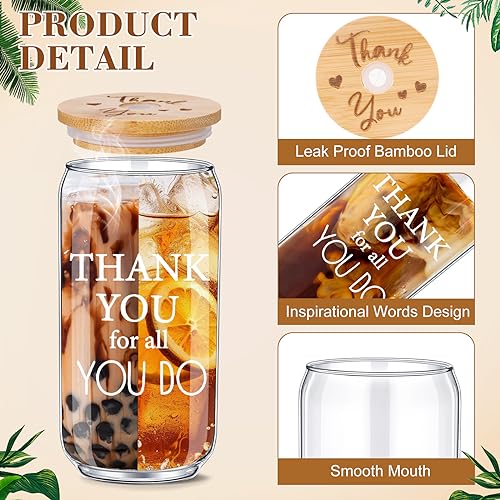 Employee Appreciation Gift Set - 12 Glass Cups with Bamboo Lids & Straws, 16oz, Christmas & Religious Gifts
