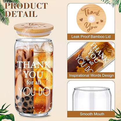 Employee Appreciation Gift Set - 12 Glass Cups with Bamboo Lids & Straws, 16oz, Christmas & Religious Gifts