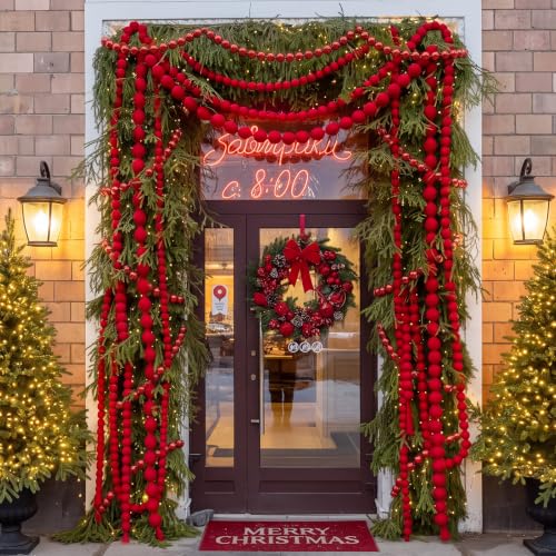Giant Red Velvet Christmas Ball Garland Set - 3 Pcs 19.68ft with Tassels, Modern Style