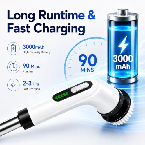 Highyes White Electric Spin Scrubber for Bathroom Cleaning with 7 Brush Heads & Extendable Handle