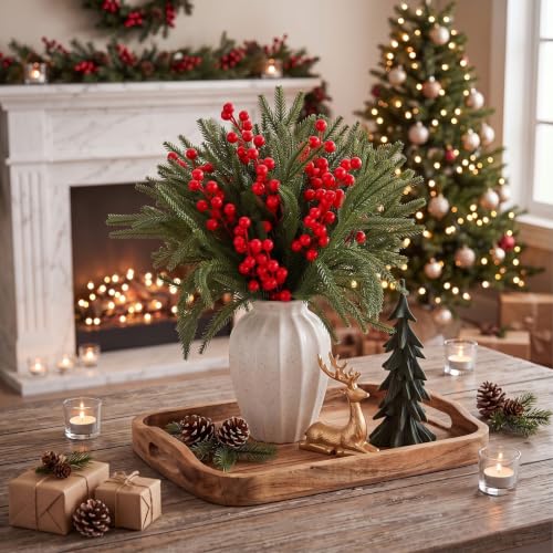 Christmas Table Decorations Set with Pine Picks, Berry Stems & Reindeer Figurine