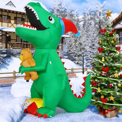 Christmas Dinosaur Inflatable Yard Decoration with LEDs, T Rex Holding Bear & Xmas Hat