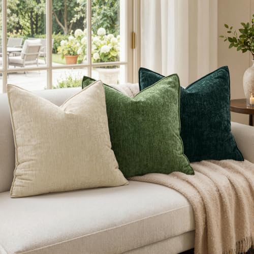 Chenille Couch Pillow Covers 18x18 Inch Set of 2 Natural Beige - Soft Durable Home Decor