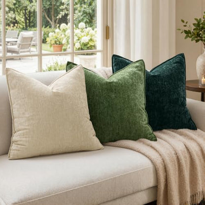 Chenille Couch Pillow Covers 18x18 Inch Set of 2 Natural Beige - Soft Durable Home Decor