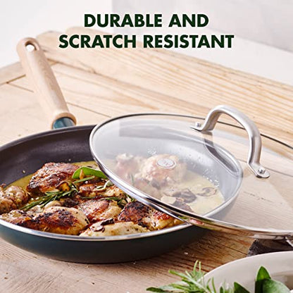 GreenPan Hudson Healthy Ceramic Nonstick, 11" Frying Pan Skillet with Lid, Vintage Wood Inspired Handle, PFAS-Free, Dishwasher Safe, Forest Green
