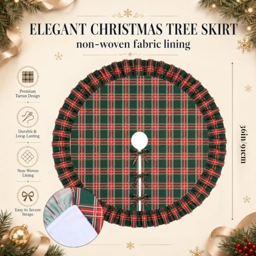 Blueweenly Green Red Plaid Ruffled Christmas Tree Skirt 36 Inch - Holiday Decor