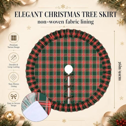 Blueweenly Green Red Plaid Ruffled Christmas Tree Skirt 36 Inch - Holiday Decor