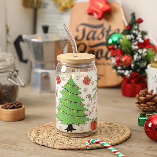 Christmas 16oz Glass Can Mug with Lid & Straw - Holiday Coffee Cup