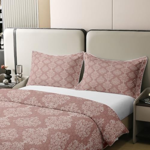 Vintage Damask Floral King Cotton Duvet Cover Set - Antique Pink Bedding