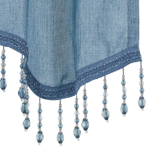 Blue Metallic Sheer Window Curtains & Beaded Valances Set - 4 Piece Home Decor