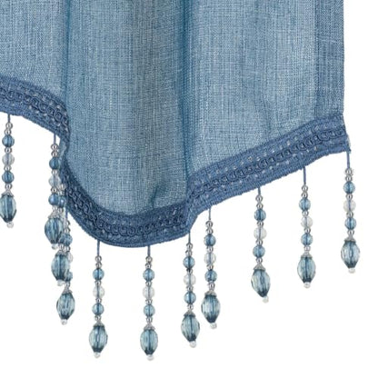 Blue Metallic Sheer Window Curtains & Beaded Valances Set - 4 Piece Home Decor