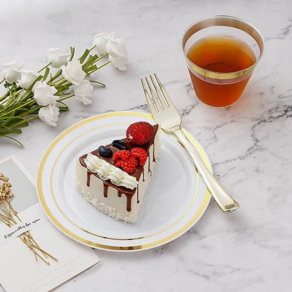 Disposable Plastic Dinnerware Set for 25 Guests - Gold Dinner Plates & Cutlery