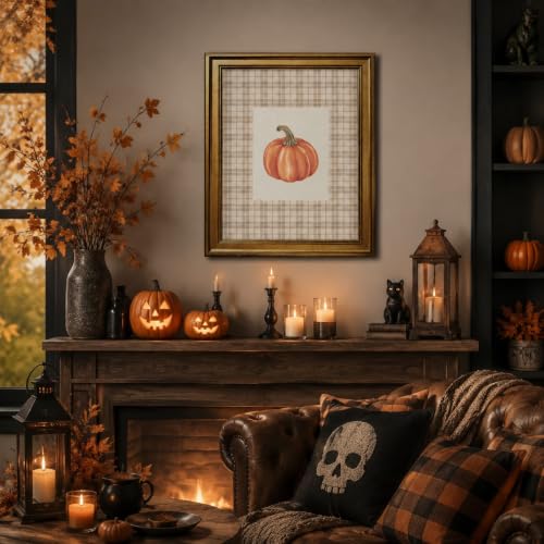 Watercolor Pumpkin Wall Art Prints with Retro Gold Frame - 8x10 Inch Fall Decor