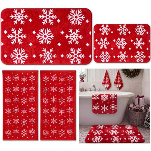 Gilprop Snowflake Christmas Bathroom Rugs and Towels Set - Red & White, 4 Pieces - Variation of Snowflake