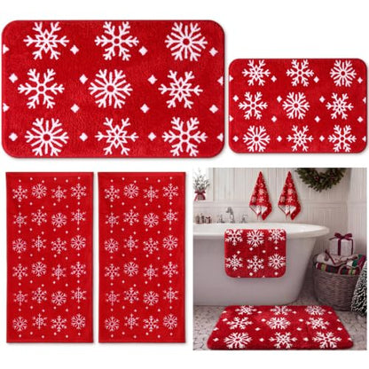 Gilprop Snowflake Christmas Bathroom Rugs and Towels Set - Red & White, 4 Pieces - Variation of Snowflake