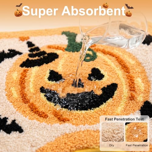 Halloween Pumpkin Bat U-Shaped Toilet Rug - Yellow Pumpkin, Plush Non-Slip Bathroom Mat