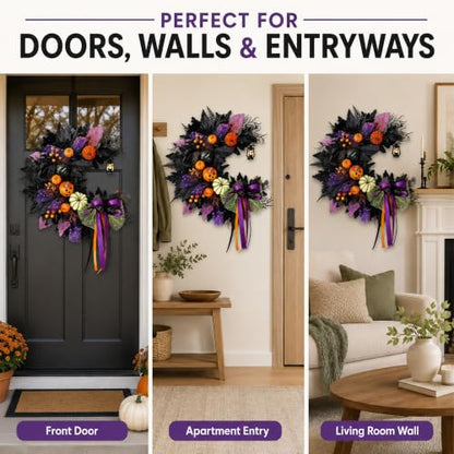 Halloween Wreath for Front Door Crescent Moon Pumpkins Lantern Spooky Decor