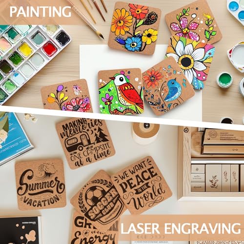 60 PCS Cork Coasters for Laser Engraving - Thick Absorbent Blank Coasters, 60 Pieces-Square