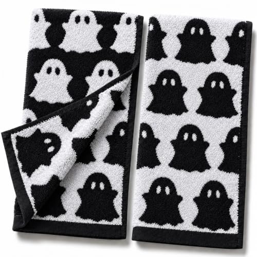 Halloween Ghost Hand Towels Set - Black & White Cotton Decorative Kitchen & Bathroom Towels