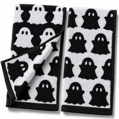 Halloween Ghost Hand Towels Set - Black & White Cotton Decorative Kitchen & Bathroom Towels