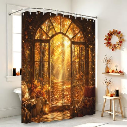 Fall Forest Arched Shower Curtain with Maple Leaf Design - Waterproof Bathroom Decor, 72x72 Inches