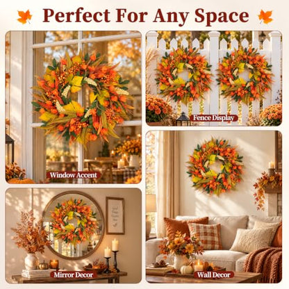 22 Inch Fall Harvest Wreath with Lantern Flowers and Wheat - Front Door Decor