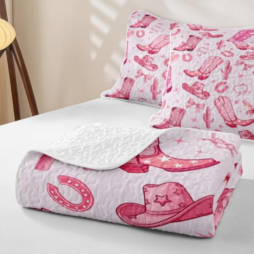 Pink Cowgirl Quilt Set with Western Cactus and Bowknot Design - Full Size Bedding for Boys Girls - Baby Pink Variation