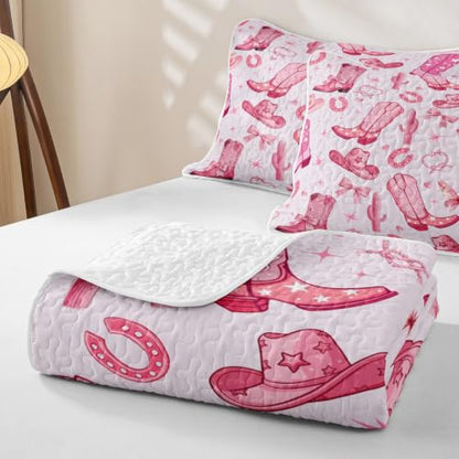 Pink Cowgirl Quilt Set with Western Cactus and Bowknot Design - Full Size Bedding for Boys Girls - Baby Pink Variation