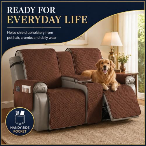 Coffee Waterproof Loveseat Recliner Cover with Center Console and Straps - 2 Seater