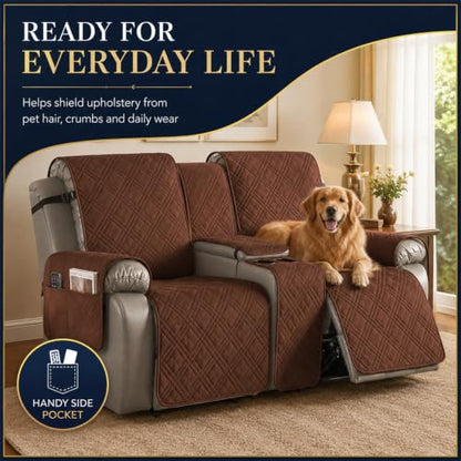 Coffee Waterproof Loveseat Recliner Cover with Center Console and Straps - 2 Seater