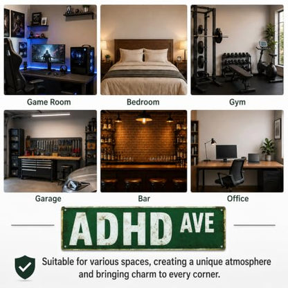 Funny ADHD Ave Metal Tin Sign - Quirky Wall Decor for Home & Office