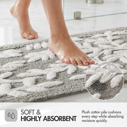 Gray Tufted Cotton Bath Rug 21 x 34 Inch with Leaf Pattern and Non-Slip Backing - Madison Park Serene Collection