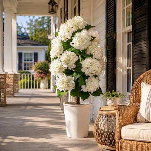 Artificial Hydrangea Tree Potted - White Hydrangea, Full & Weather-Resistant