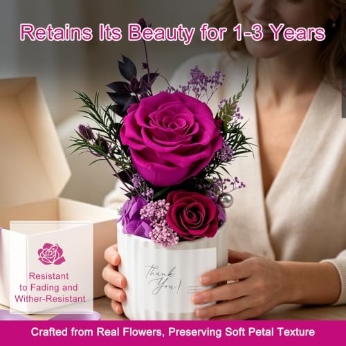 Preserved Flowers in Ceramic Vase - Purple Forever Roses Home Decor