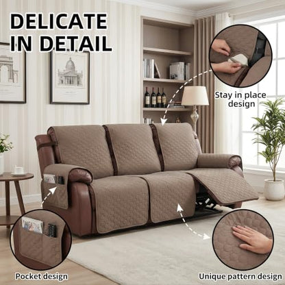 Brown Waterproof 3-Seater Recliner Couch Cover, Reversible Sofa Protector with Pockets