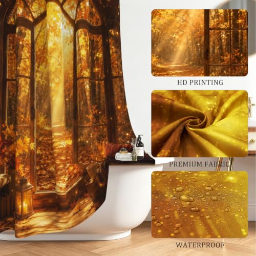 Fall Forest Arched Shower Curtain with Maple Leaf Design - Waterproof Bathroom Decor, 72x72 Inches